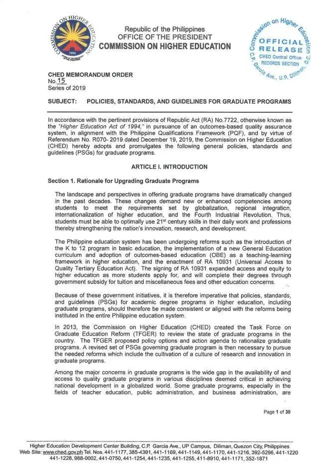 菲律宾高等教育委员会有关博士/硕士毕业要求的政策文件（附源文件截